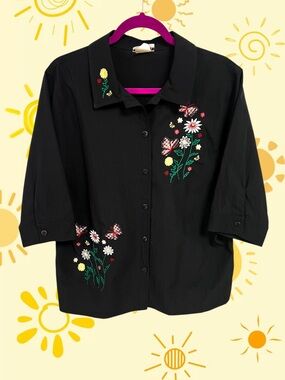 Vintage Bon Worth black garden button up with embroidered butterflies